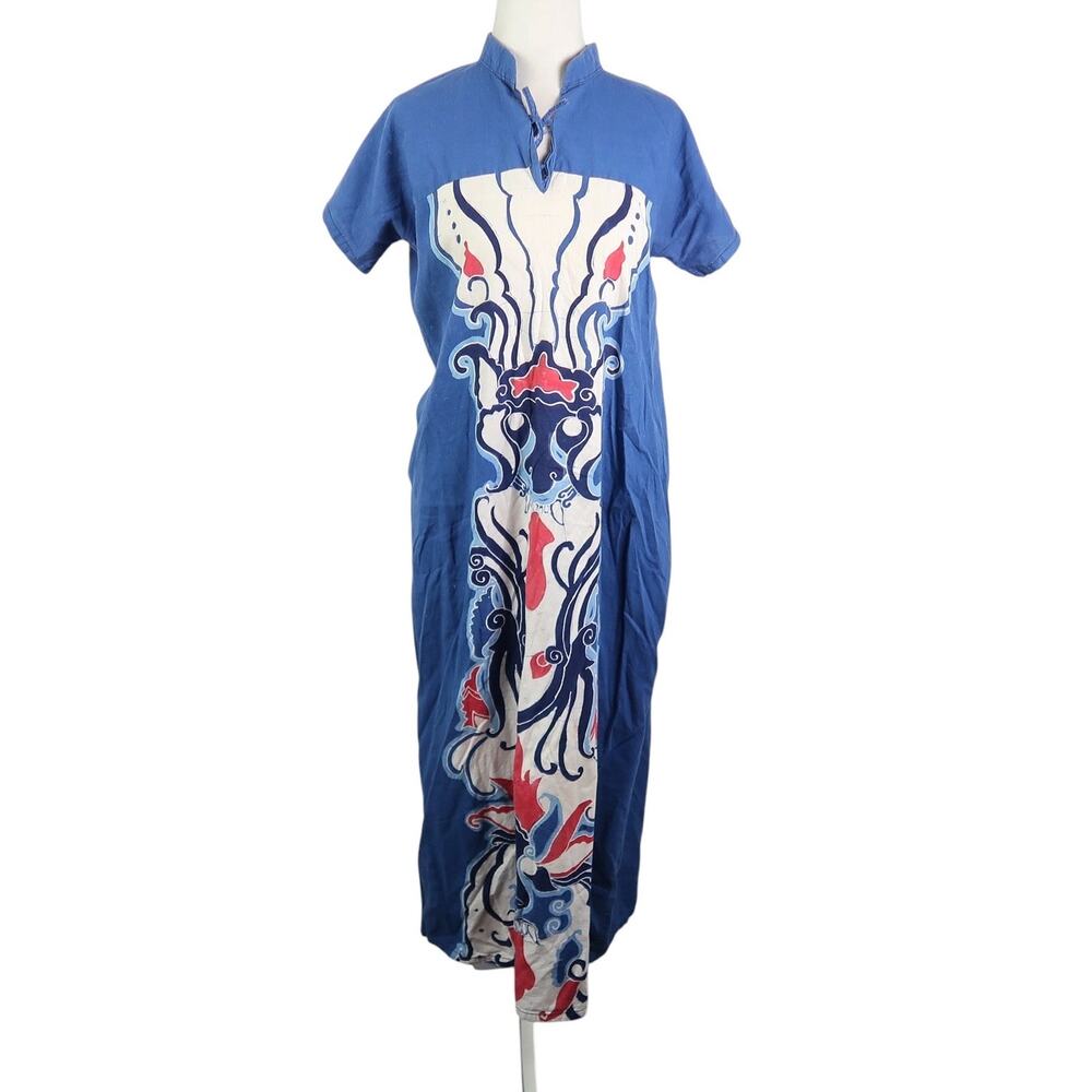 Vintage Blue Cotton Cheongsam Dress Muumuu Midi